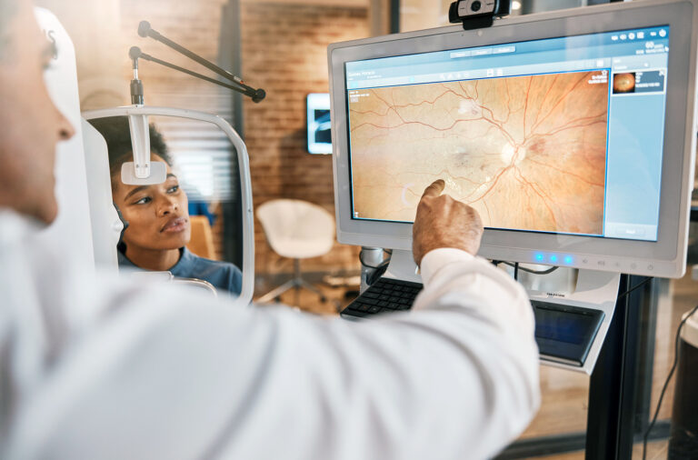 young woman retina exam